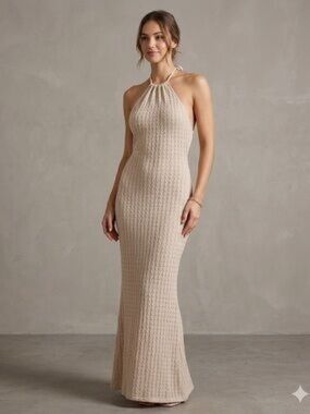 See You Monday Halter-Neck Knit Maxi Dress in Beige